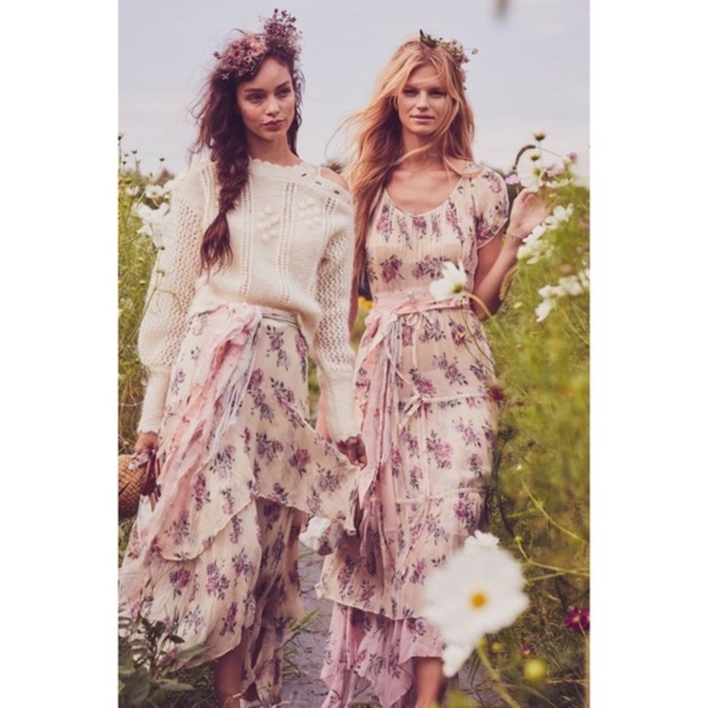 LoveShackFancy Alex Skirt Pink Canopy tiered floral midi size P / 00 - 100% silk